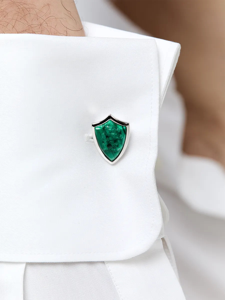 Carved Lion Malachite Shield Cufflinks — фото 2
