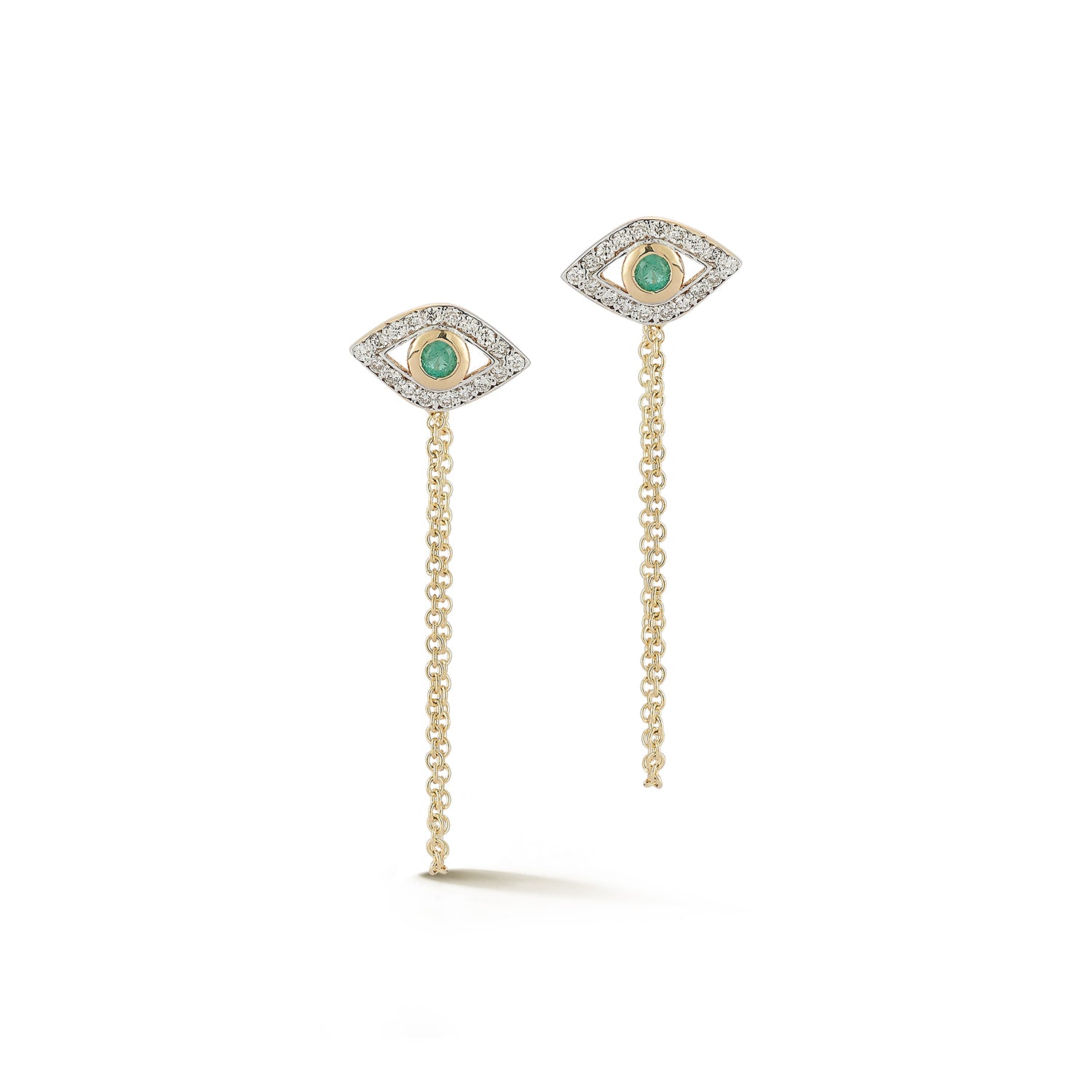 14kt Emerald Evil Eye Studs with Chain Drop — фото 4