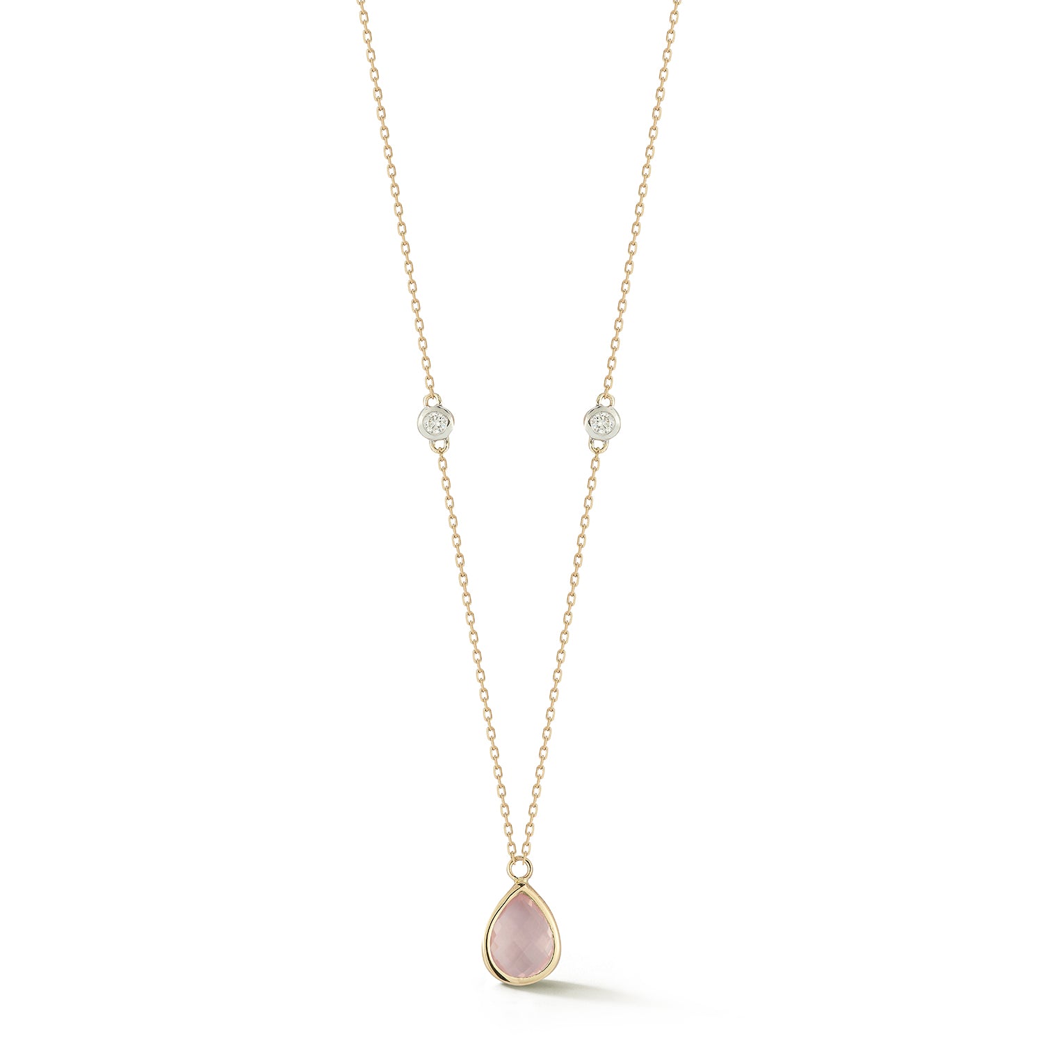 14kt Pink Topaz Pear and Diamond Bezel Necklace