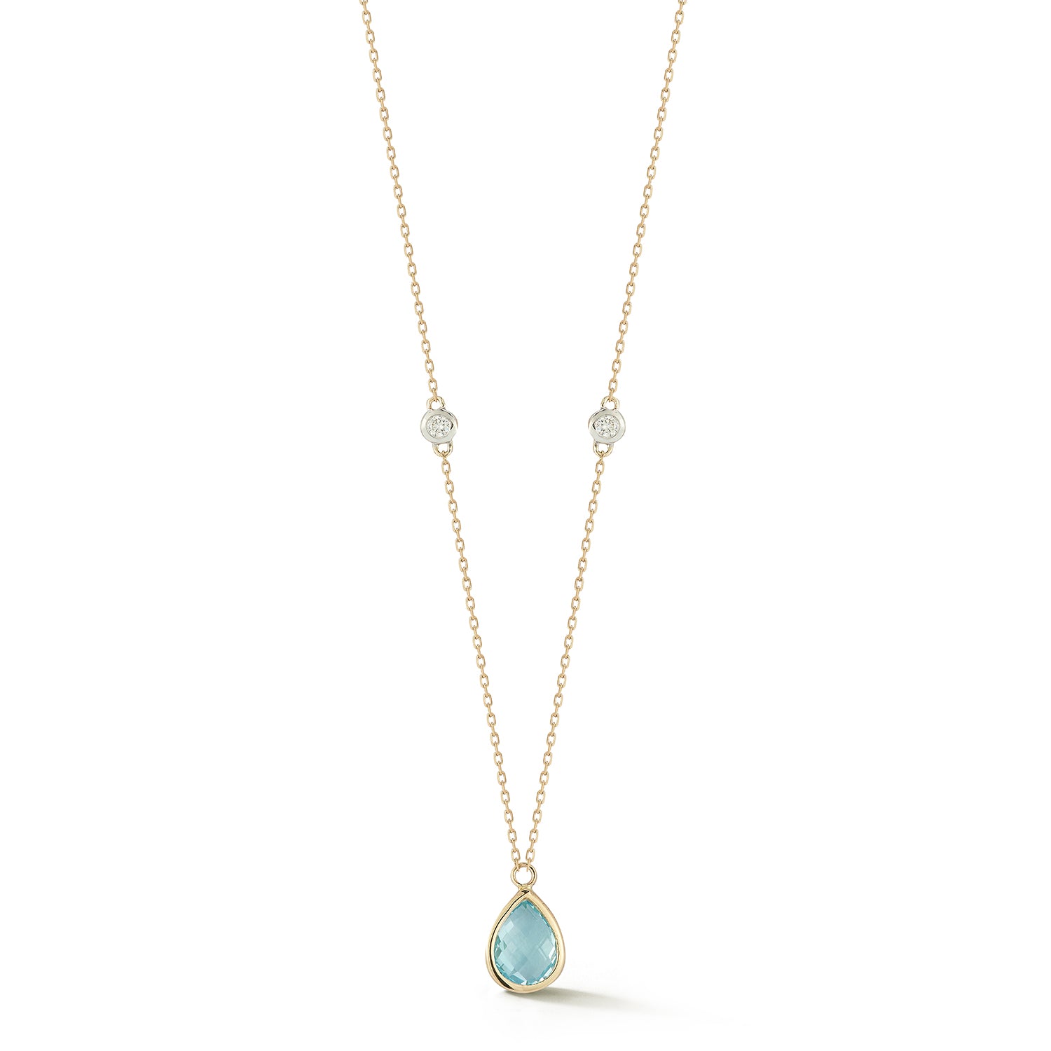 14kt Blue Topaz Pear and Diamond Bezel Necklace