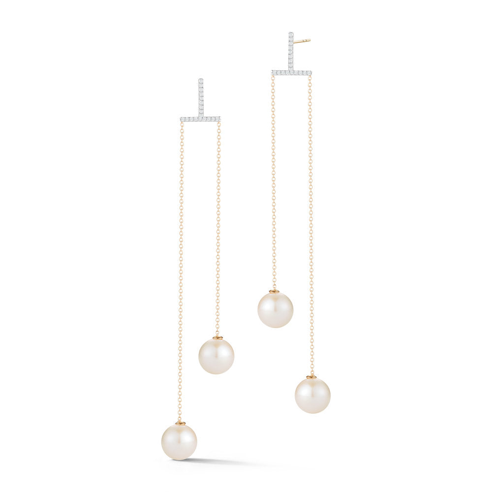 14kt Gold Diamond Bar Duo Pearl Drop Earring — фото 1