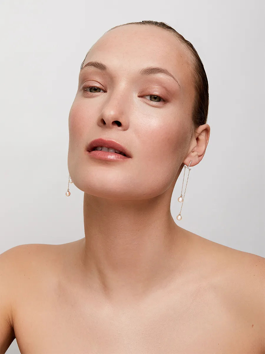 14kt Gold Diamond Bar Duo Pearl Drop Earring — фото 3