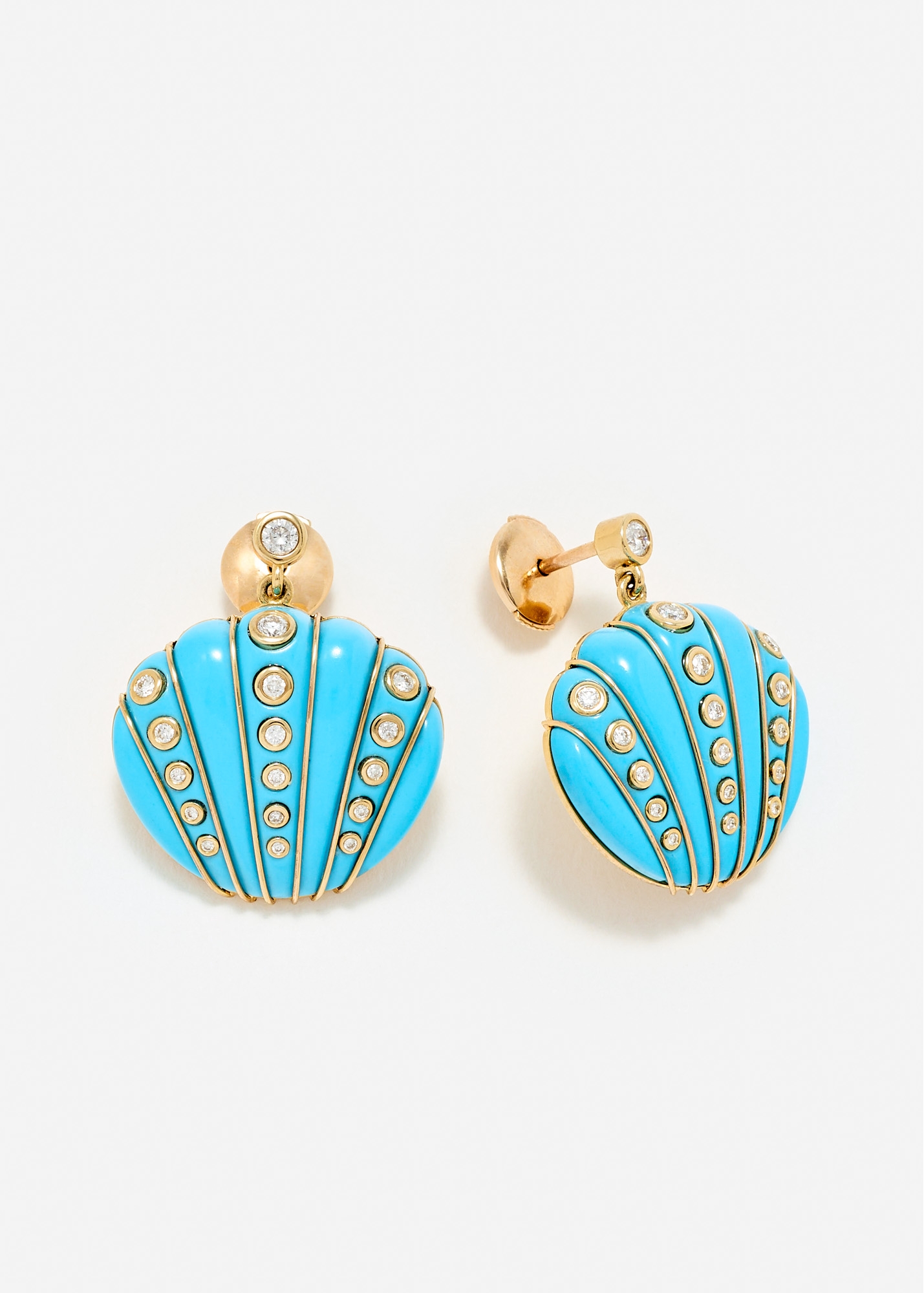 PAIRE DE BOUCLES D’OREILLE COQUILLAGE TURQUOISE OR JAUNE