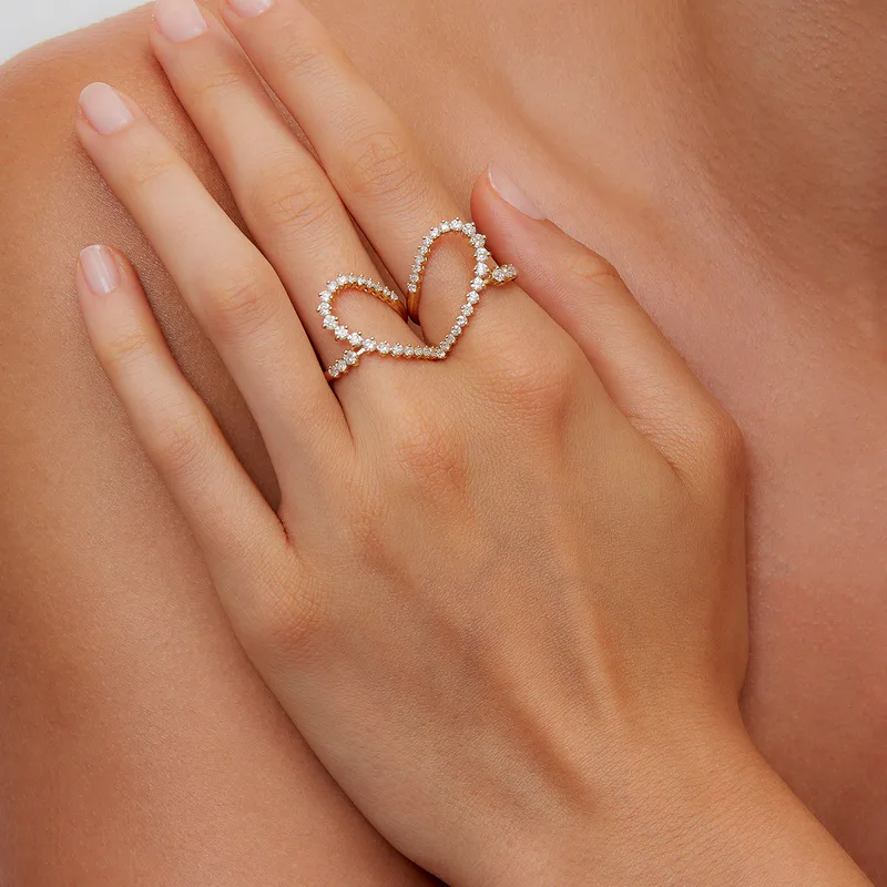 DOUBLE BAGUE COEUR DIAMANTS OR JAUNE