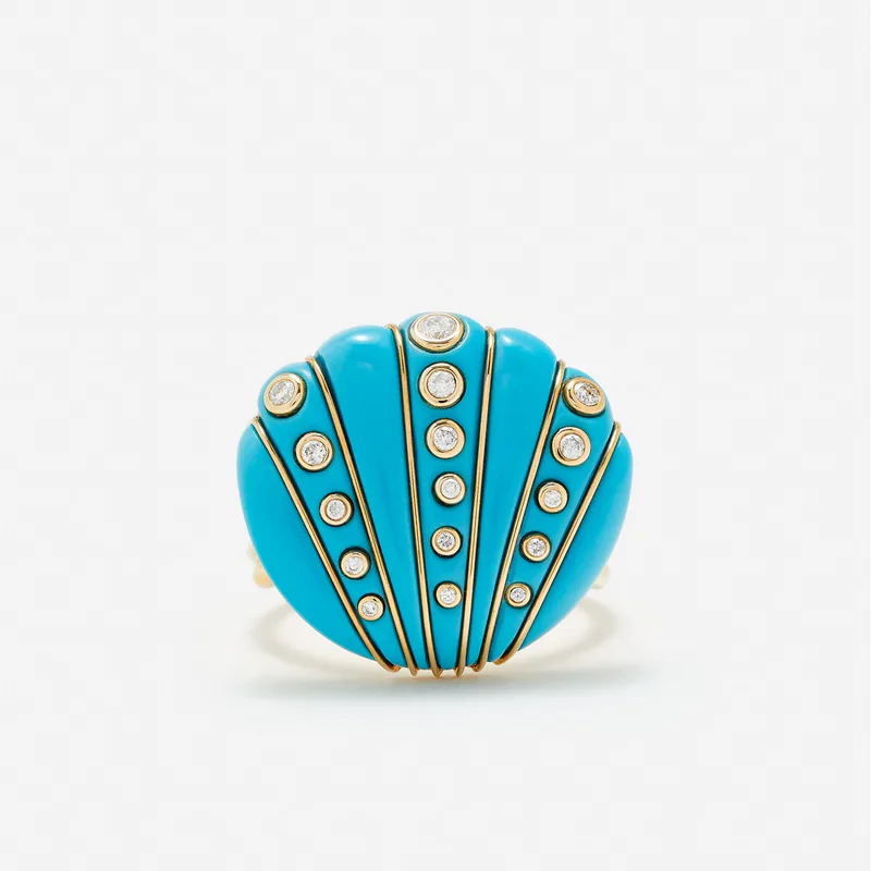 BAGUE COQUILLAGE TURQUOISE OR JAUNE