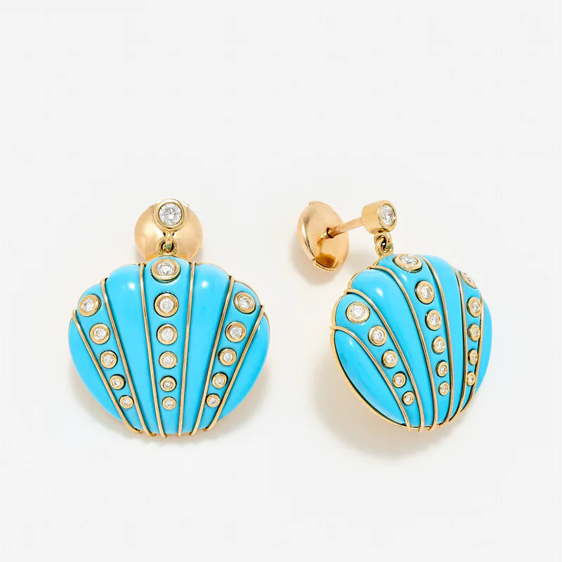 PAIRE DE BOUCLES D’OREILLE COQUILLAGE TURQUOISE OR JAUNE