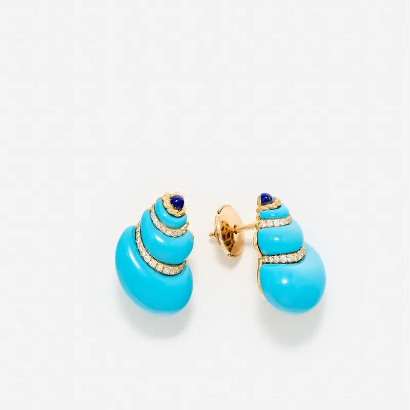 PAIRE DE MINI BOUCLES D’OREILLE COQUILLAGE TURQUOISE OR JAUNE