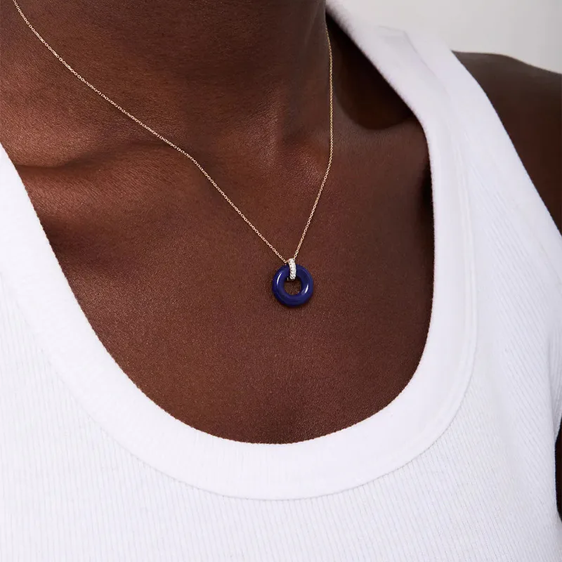 14kt Lapis Donut and Diamond Door Knocker Necklace