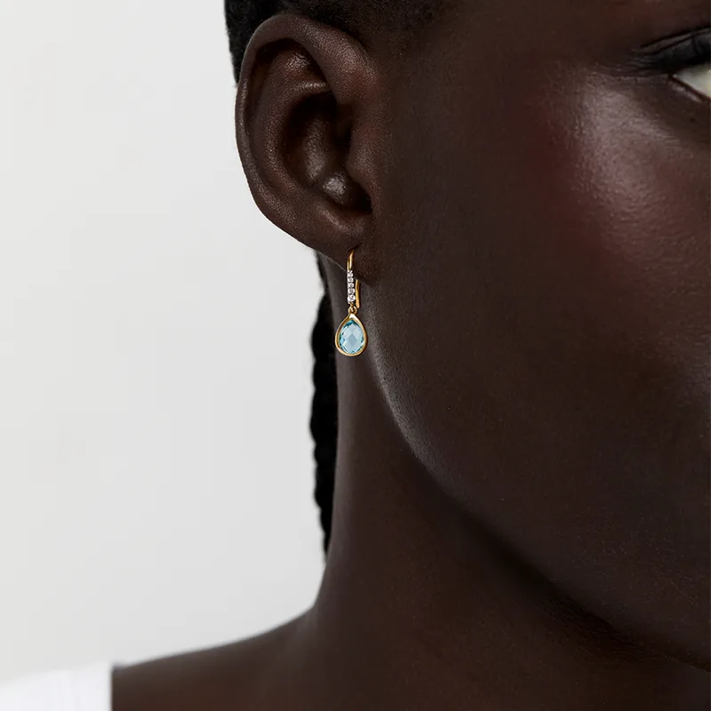 14kt Bezeled Blue Topaz Drop Earrings