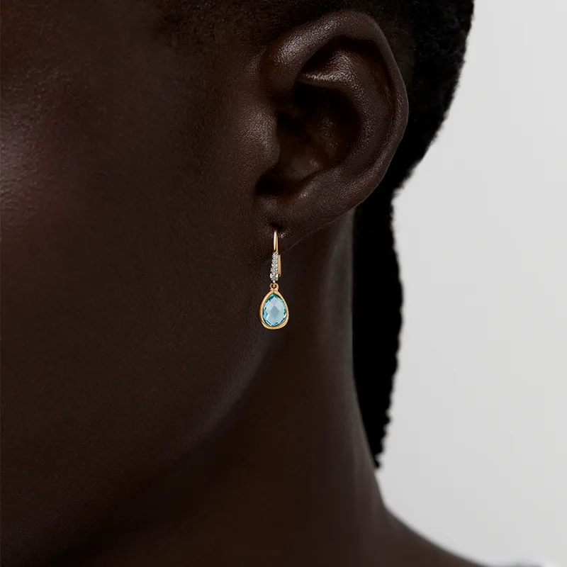 14kt Bezeled Blue Topaz Drop Earrings