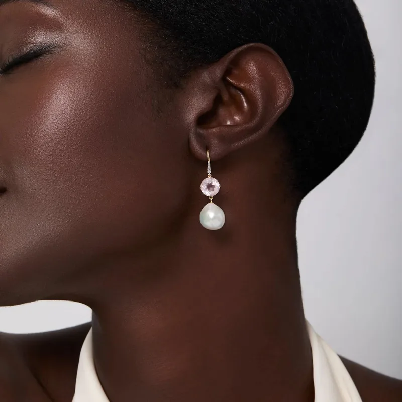 14kt Brilliant Pink Topaz and Baroque Pearl Drop Earrings