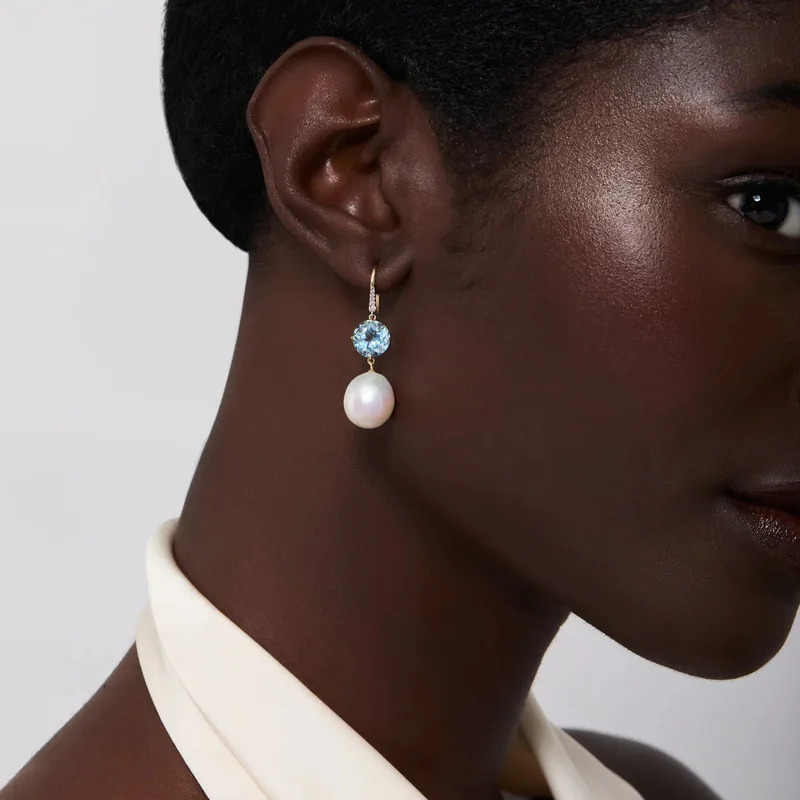 14kt Brilliant Blue Topaz and Baroque Pearl Drop Earrings