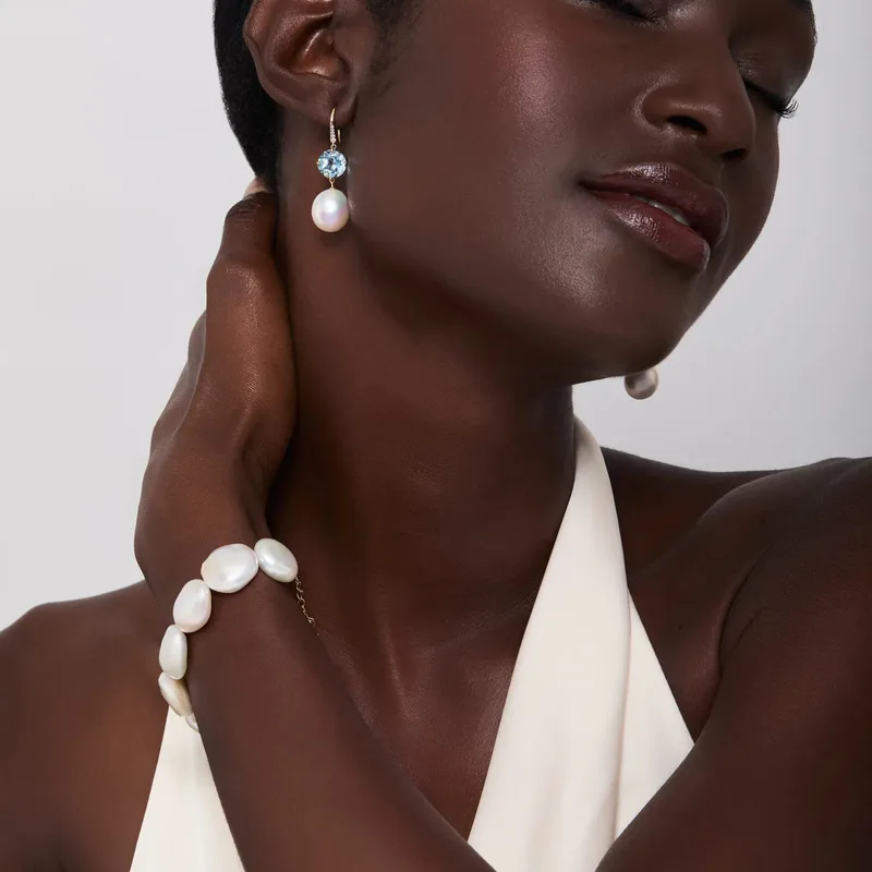 14kt Brilliant Blue Topaz and Baroque Pearl Drop Earrings