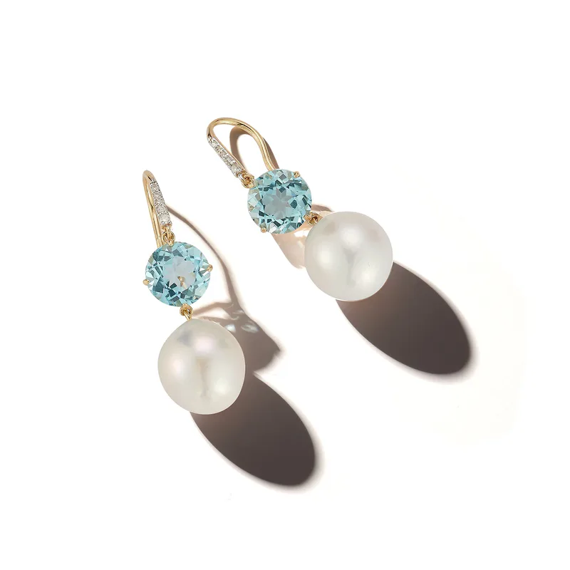 14kt Brilliant Blue Topaz and Baroque Pearl Drop Earrings
