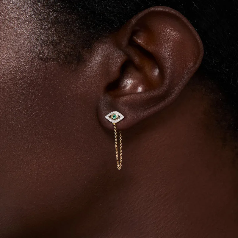 14kt Emerald Evil Eye Studs with Chain Drop