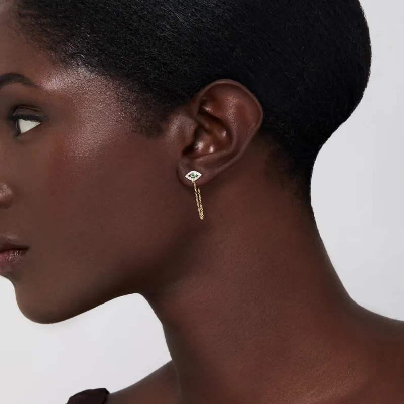14kt Emerald Evil Eye Studs with Chain Drop