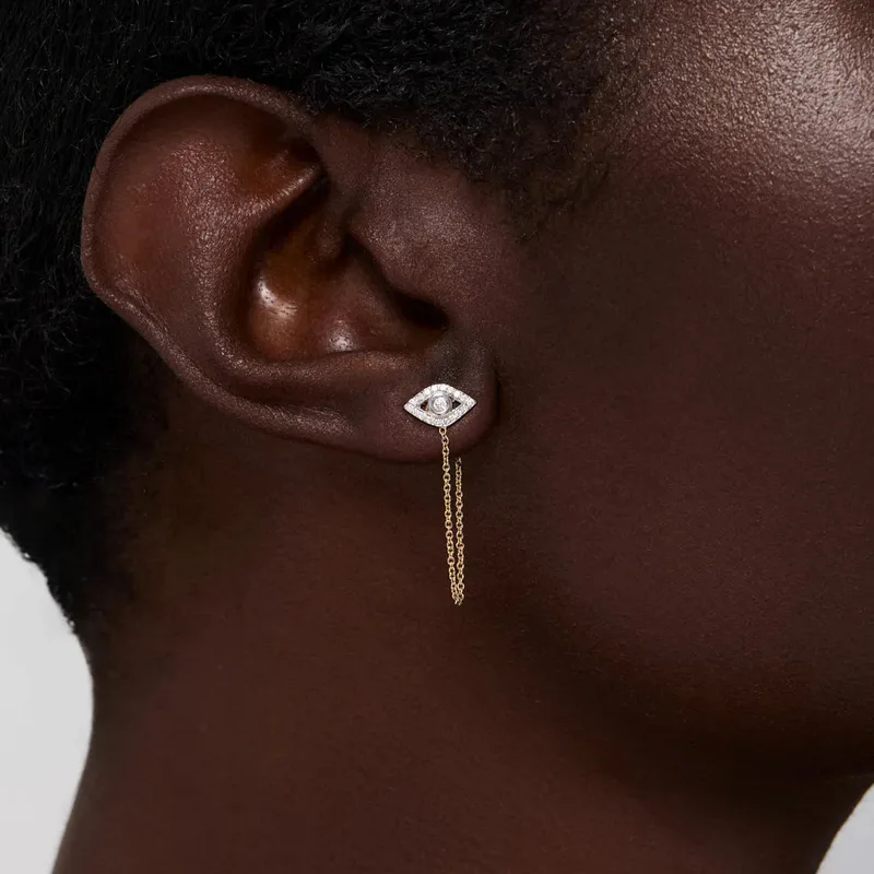 14kt Diamond Evil Eye Studs with Chain Drop