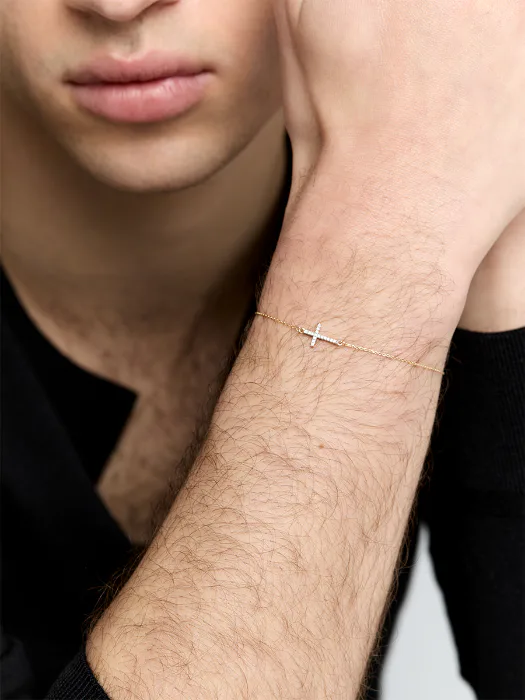 14kt Men's Mini Diamonds Cross Bracelet