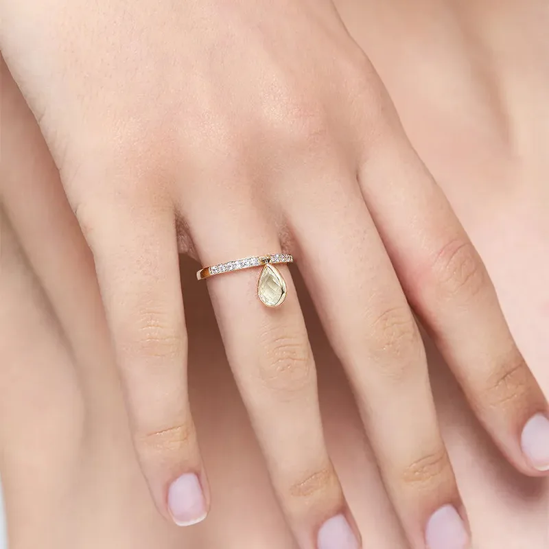 14kt Green Amethyst Pear Dangle Ring