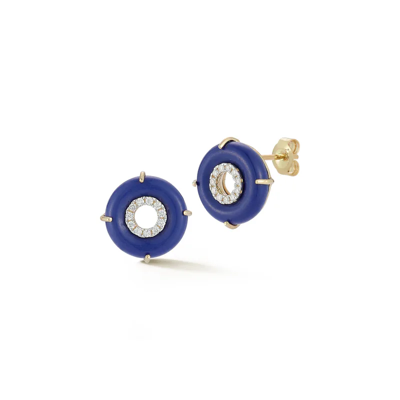 14kt Lapis Donut Diamond Inner Circle Studs