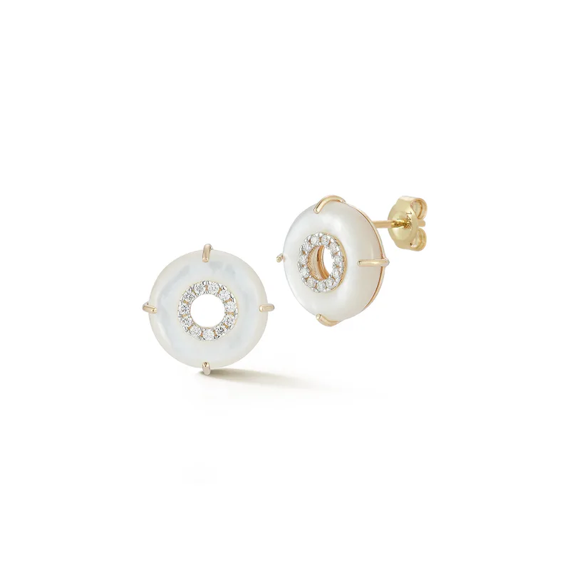 14kt Mother of Pearl Donut Diamond Inner Circle Studs