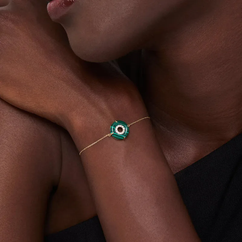 14kt Malachite Donut Diamond Inner Circle Chain Bracelet