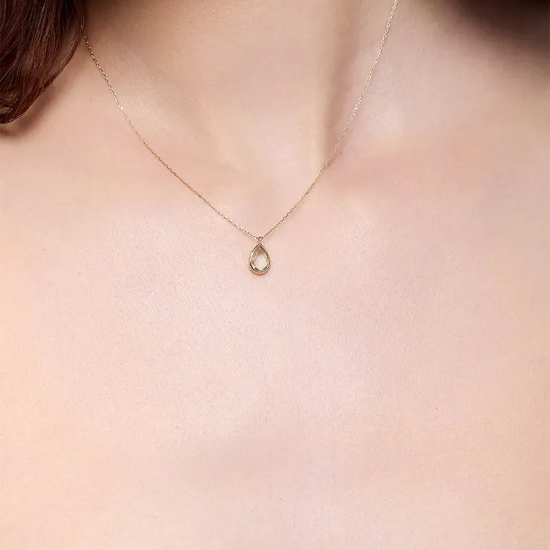 14kt Green Amethyst Bezel Pear Drop Necklace