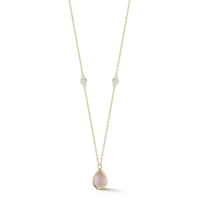 14kt Pink Topaz Pear and Diamond Bezel Necklace
