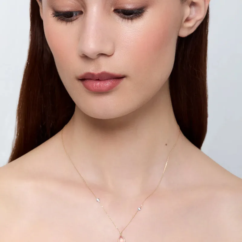 14kt Pink Topaz Pear and Diamond Bezel Necklace
