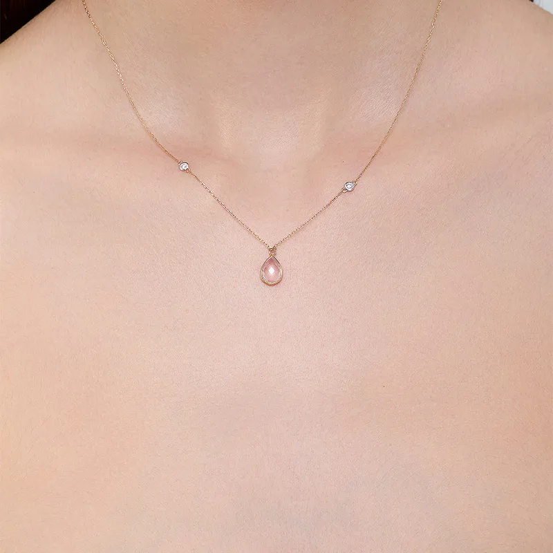 14kt Pink Topaz Pear and Diamond Bezel Necklace