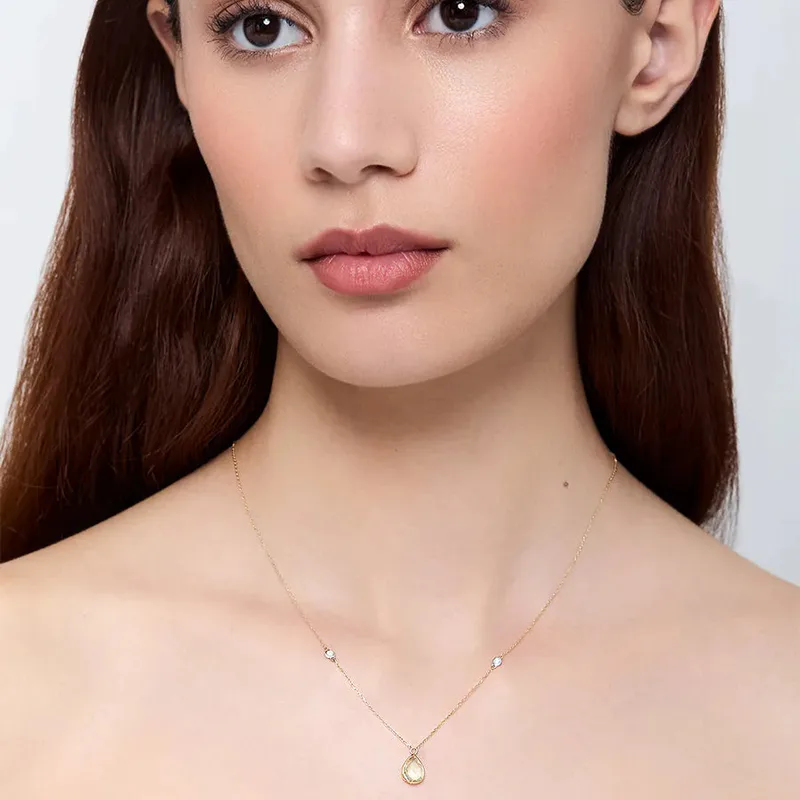 14kt Green Amethyst Pear and Diamond Bezel Necklace