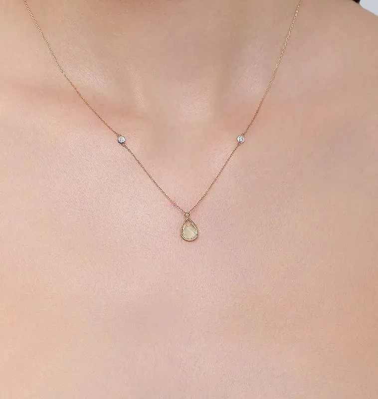 14kt Green Amethyst Pear and Diamond Bezel Necklace