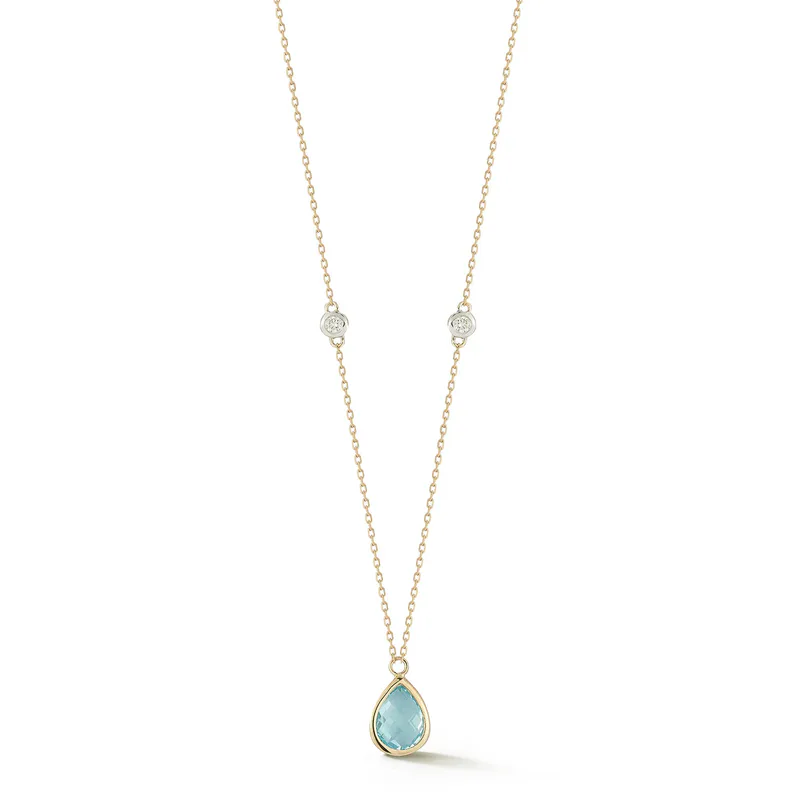 14kt Blue Topaz Pear and Diamond Bezel Necklace