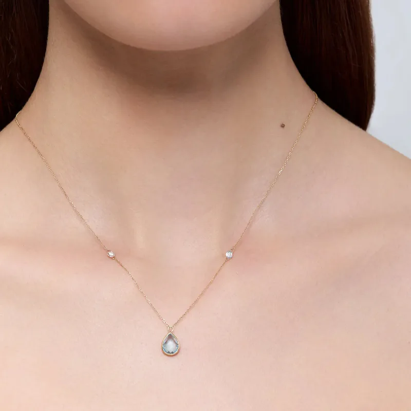 14kt Blue Topaz Pear and Diamond Bezel Necklace