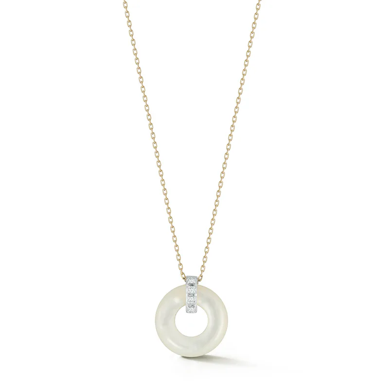14kt Mother of Pearl  Donut and Diamond Door Knocker Necklace