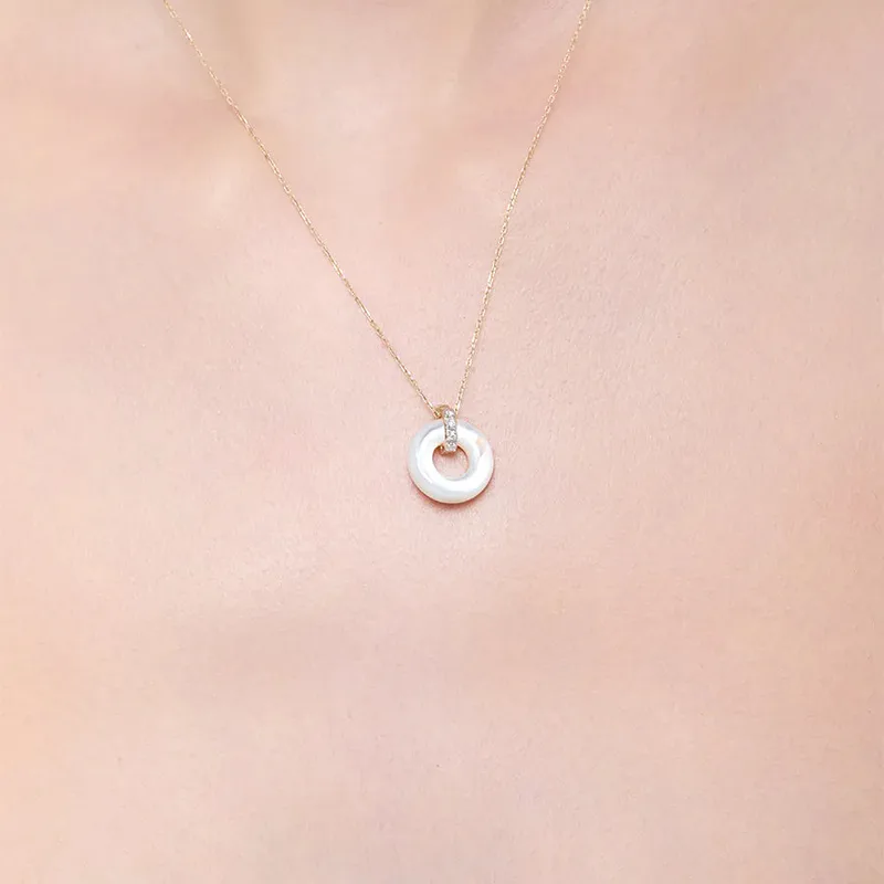 14kt Mother of Pearl  Donut and Diamond Door Knocker Necklace