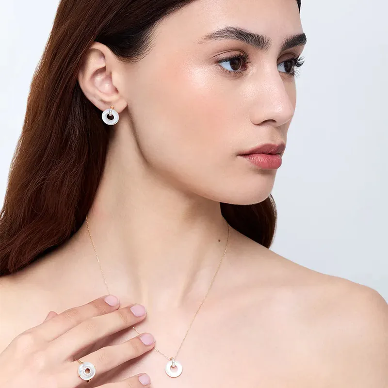 14kt Mother of Pearl  Donut and Diamond Door Knocker Necklace