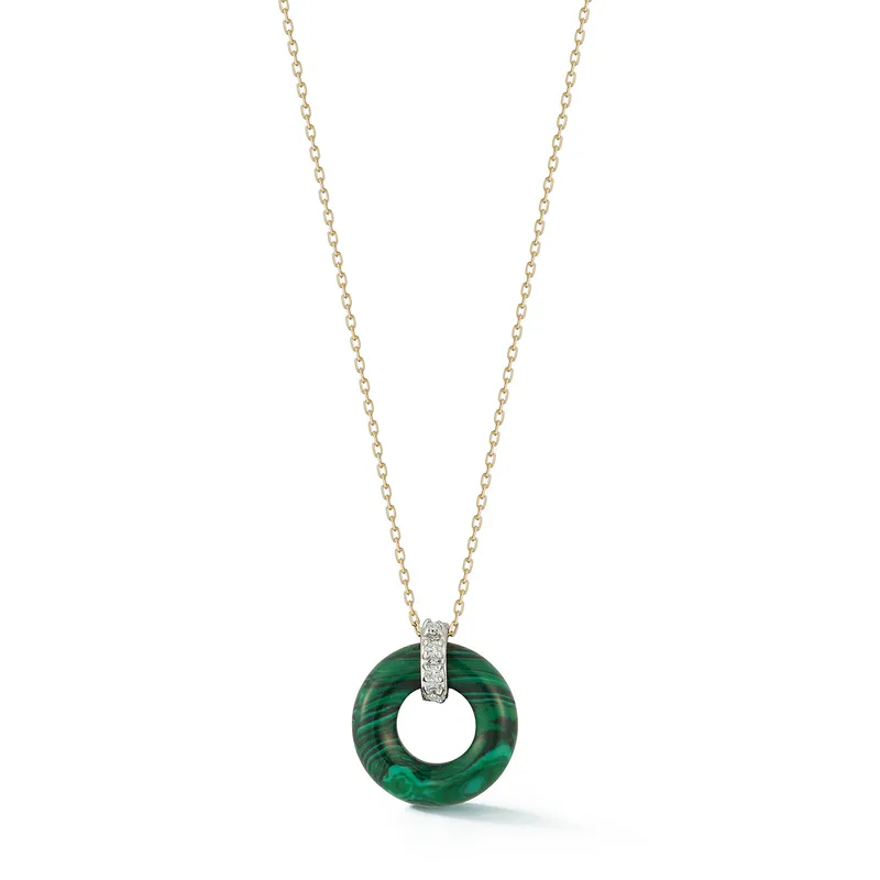 14kt Malachite Donut and Diamond Door Knocker Necklace