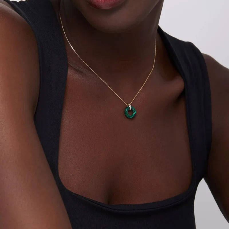 14kt Malachite Donut and Diamond Door Knocker Necklace
