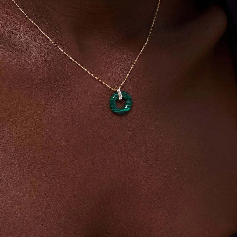 14kt Malachite Donut and Diamond Door Knocker Necklace
