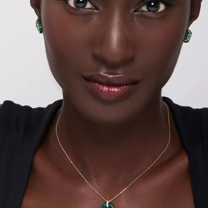 14kt Malachite Donut and Diamond Door Knocker Necklace
