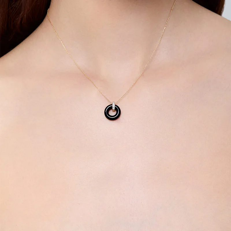 14kt Onyx Donut and Diamond Door Knocker Necklace