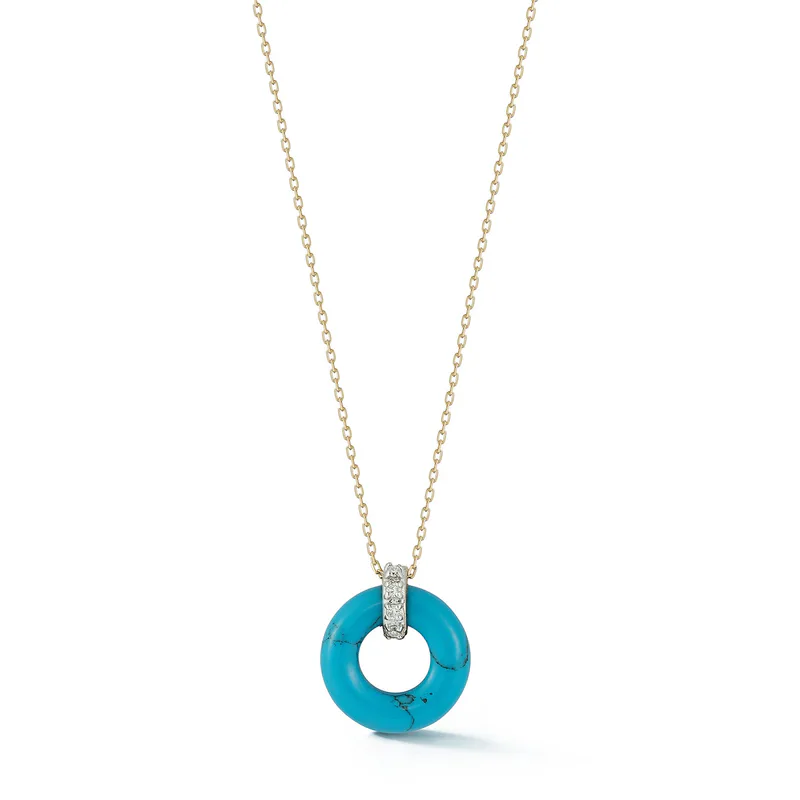 14kt Turquoise Donut and Diamond Door Knocker Necklace