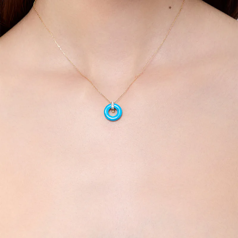 14kt Turquoise Donut and Diamond Door Knocker Necklace