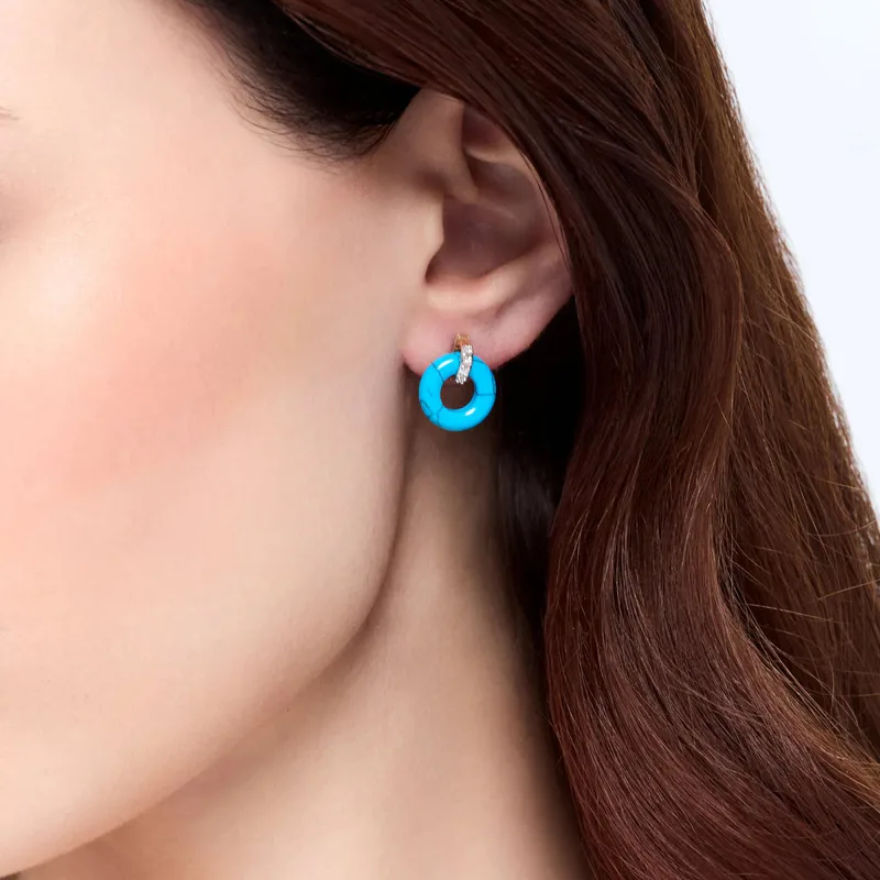 14kt Turquoise Donut and Diamond Door Knocker Earrings
