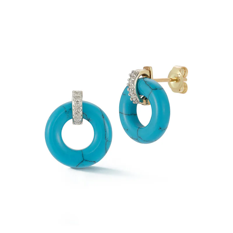 14kt Turquoise Donut and Diamond Door Knocker Earrings