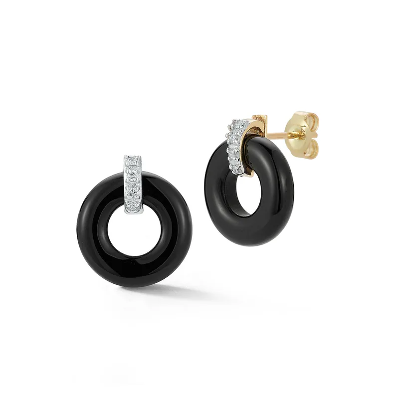 14kt Onyx Donut and Diamond Door Knocker Earrings