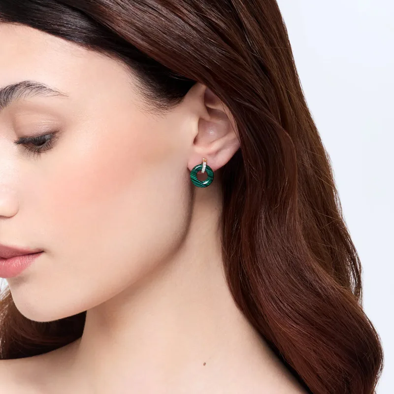 14kt Malachite Donut and Diamond Door Knocker Earrings