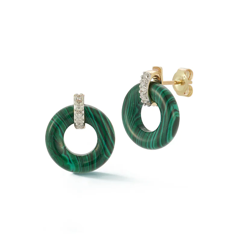 14kt Malachite Donut and Diamond Door Knocker Earrings
