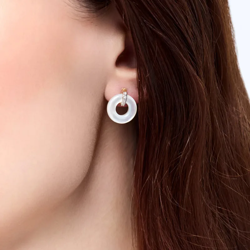 14kt Mother of Pearl Donut and Diamond Door Knocker Earrings